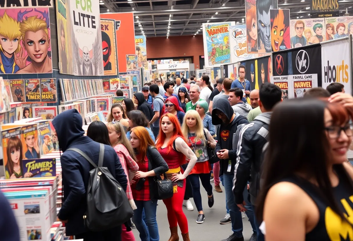 A lively crowd at a comic convention with various displays.