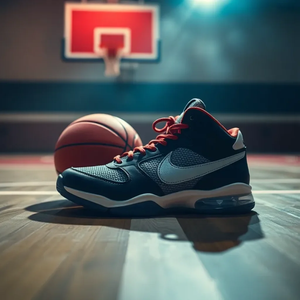 Empty basketball shoes on the court symbolizing an athlete's absence during recovery