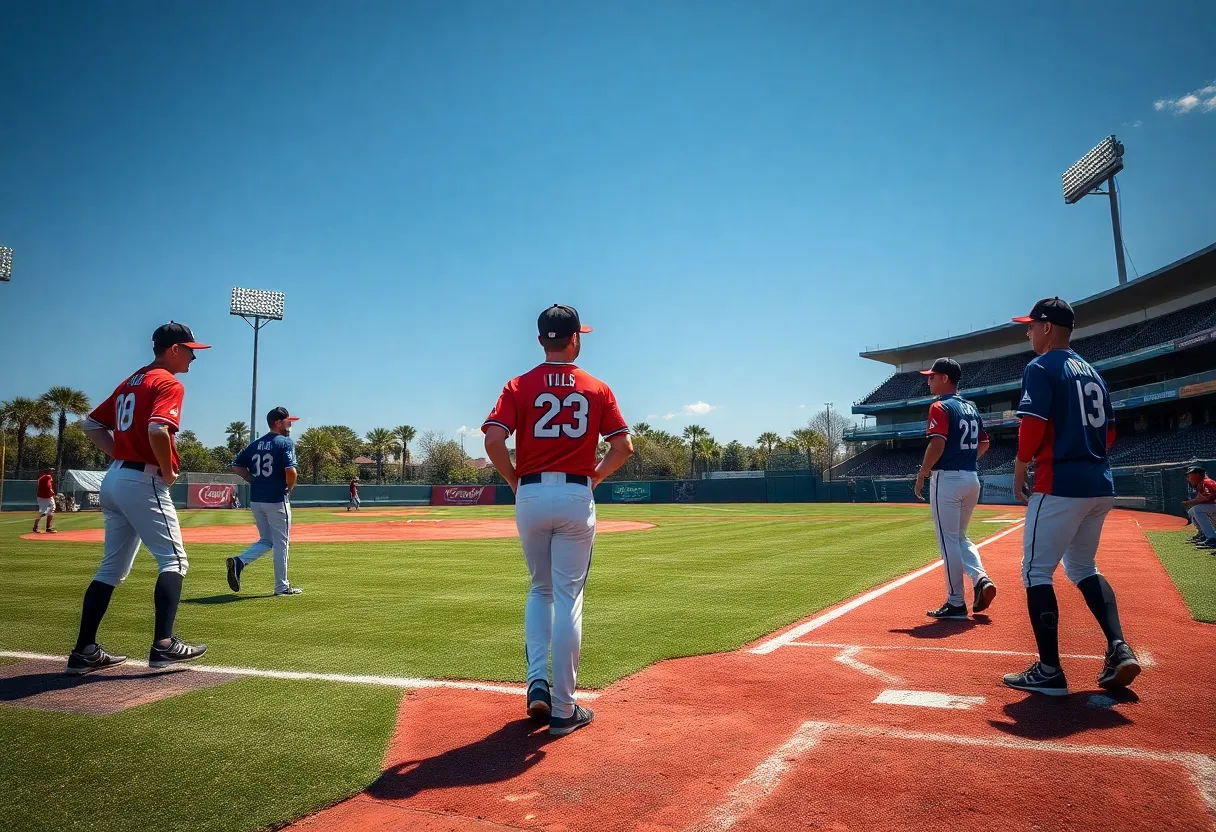 Baseball prospects training on a field after a major trade