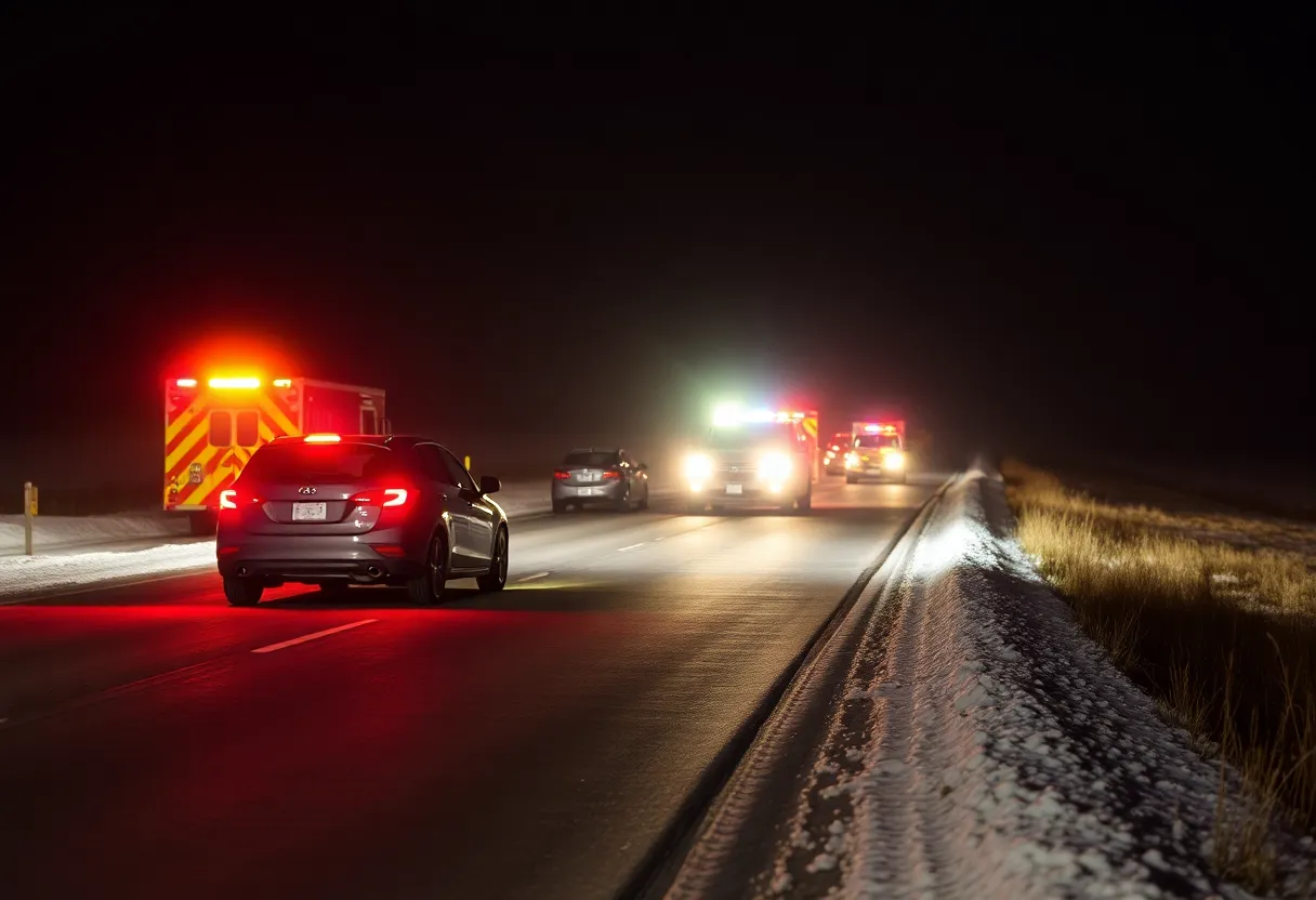 Scene of a two-vehicle collision on a rural road during New Year's Eve.