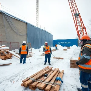 Outdoor workers in winter gear managing a construction site in East Lansing during extreme cold.