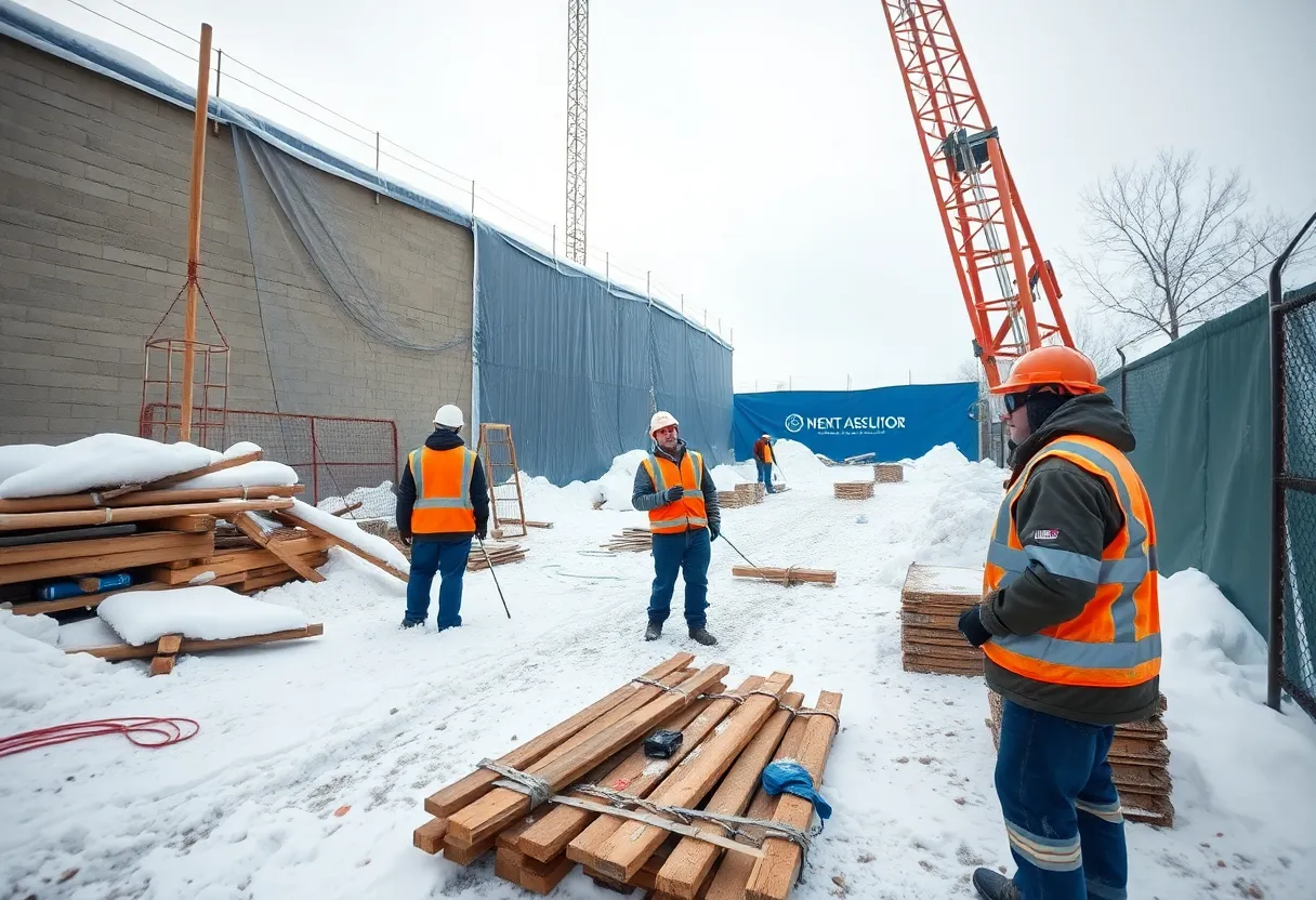 Outdoor workers in winter gear managing a construction site in East Lansing during extreme cold.