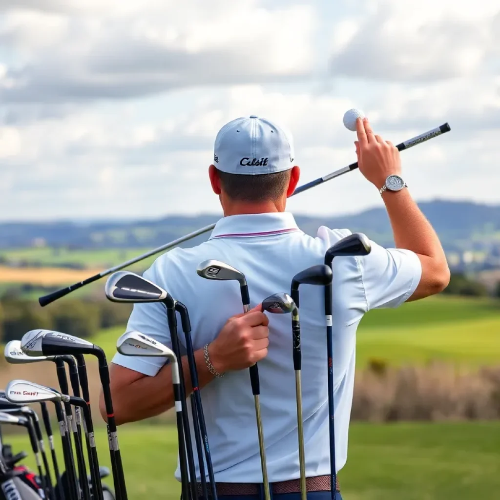 Various golf clubs and equipment used by a professional golfer