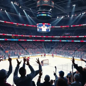 Penguins players celebrating in the arena after scoring the game-winning goal in overtime.