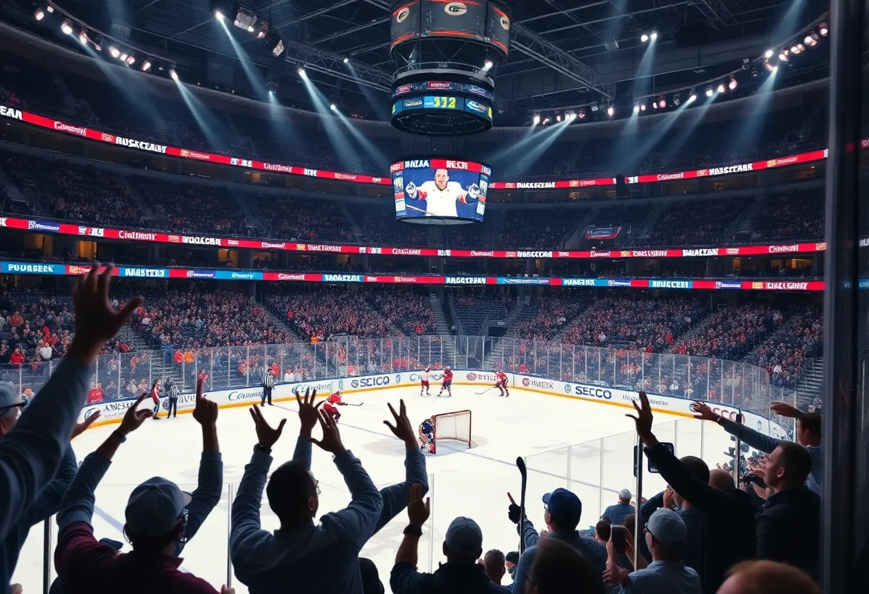 Penguins players celebrating in the arena after scoring the game-winning goal in overtime.