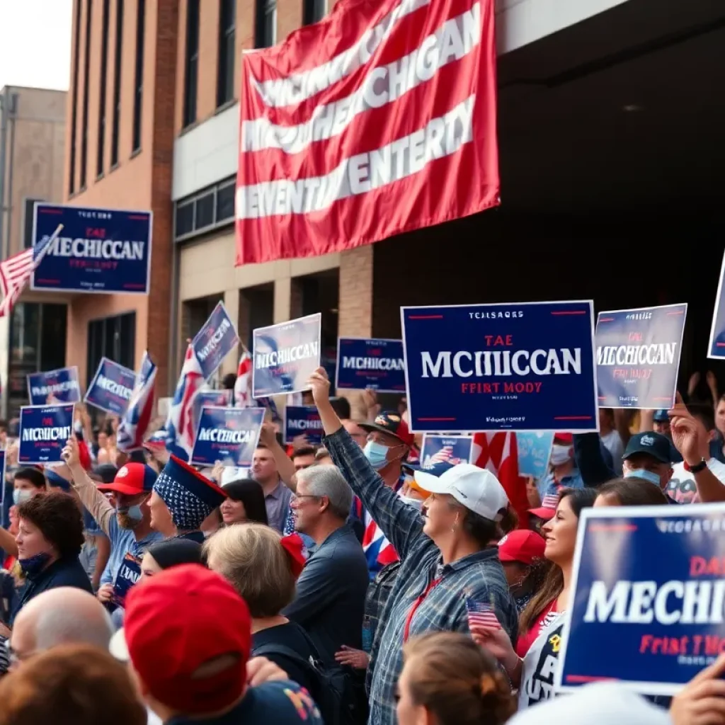 Perry Johnson announcing his campaign for Michigan governor with supporters around him