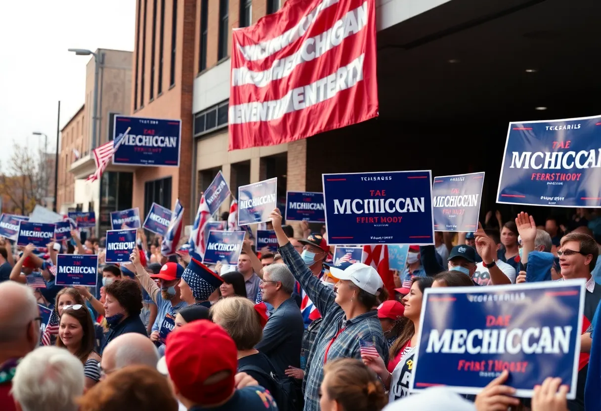 Perry Johnson announcing his campaign for Michigan governor with supporters around him