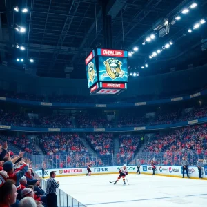 Fans cheering in a packed hockey arena during an overtime game.