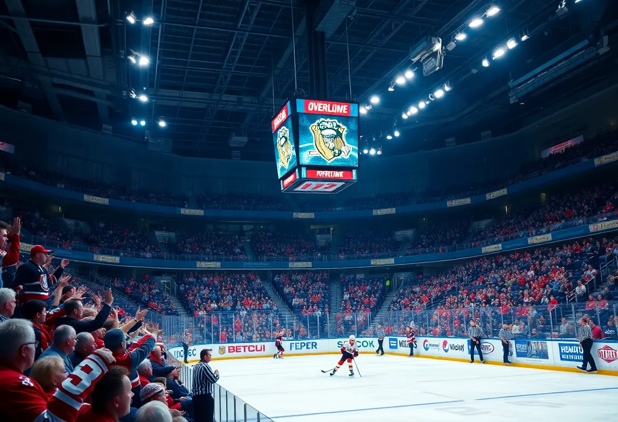 Fans cheering in a packed hockey arena during an overtime game.