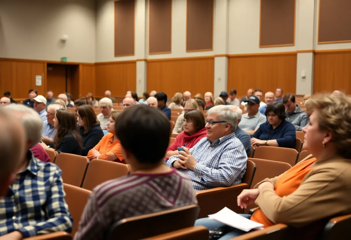 Community members discussing environmental concerns at a meeting in South Lyon School.