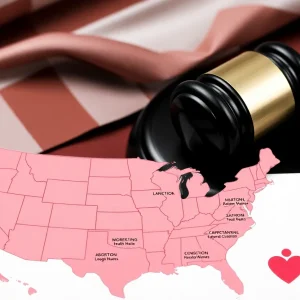 Illustration showing the impact of Roe v. Wade's overturn on abortion access with a map and legal symbols.