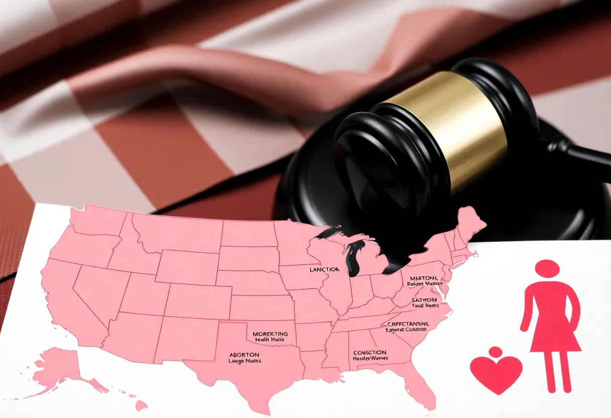 Illustration showing the impact of Roe v. Wade's overturn on abortion access with a map and legal symbols.