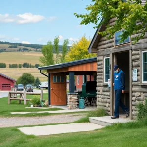 Rural mail carrier delivering letters at a small post office
