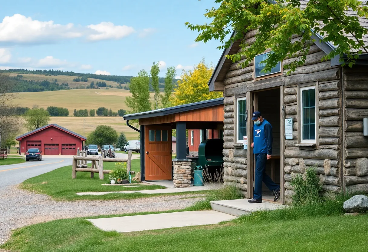 Rural mail carrier delivering letters at a small post office