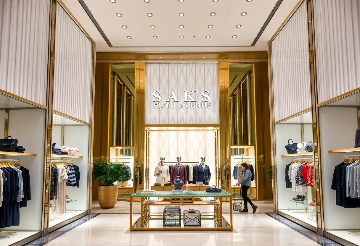 Interior view of Saks Fifth Avenue showcasing luxury fashion items.