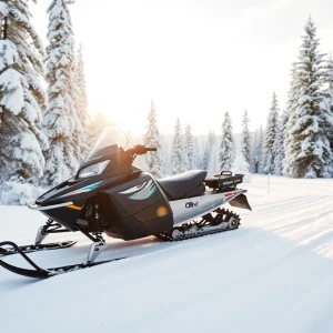 A snowmobile parked on a snowy trail surrounded by trees.