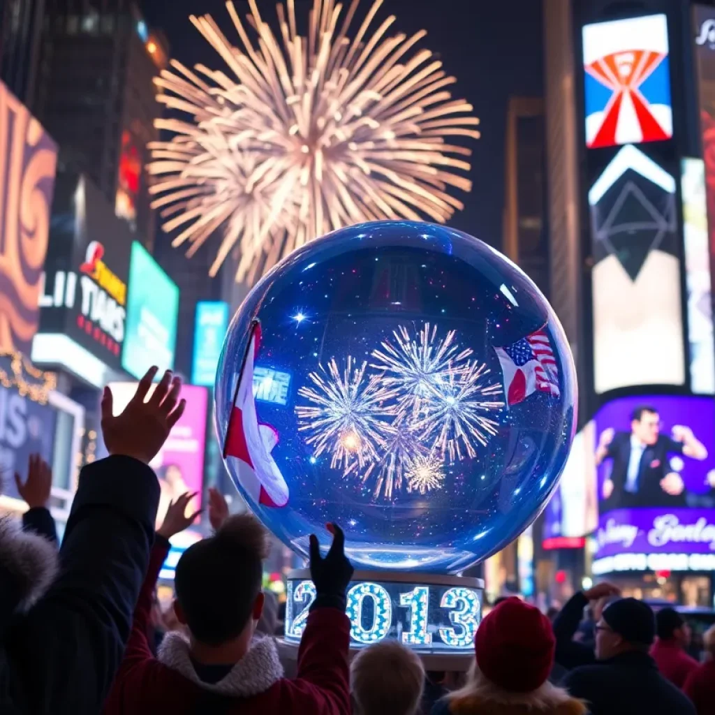 Crowd celebrating New Year in Times Square with fireworks and the large crystal ball.