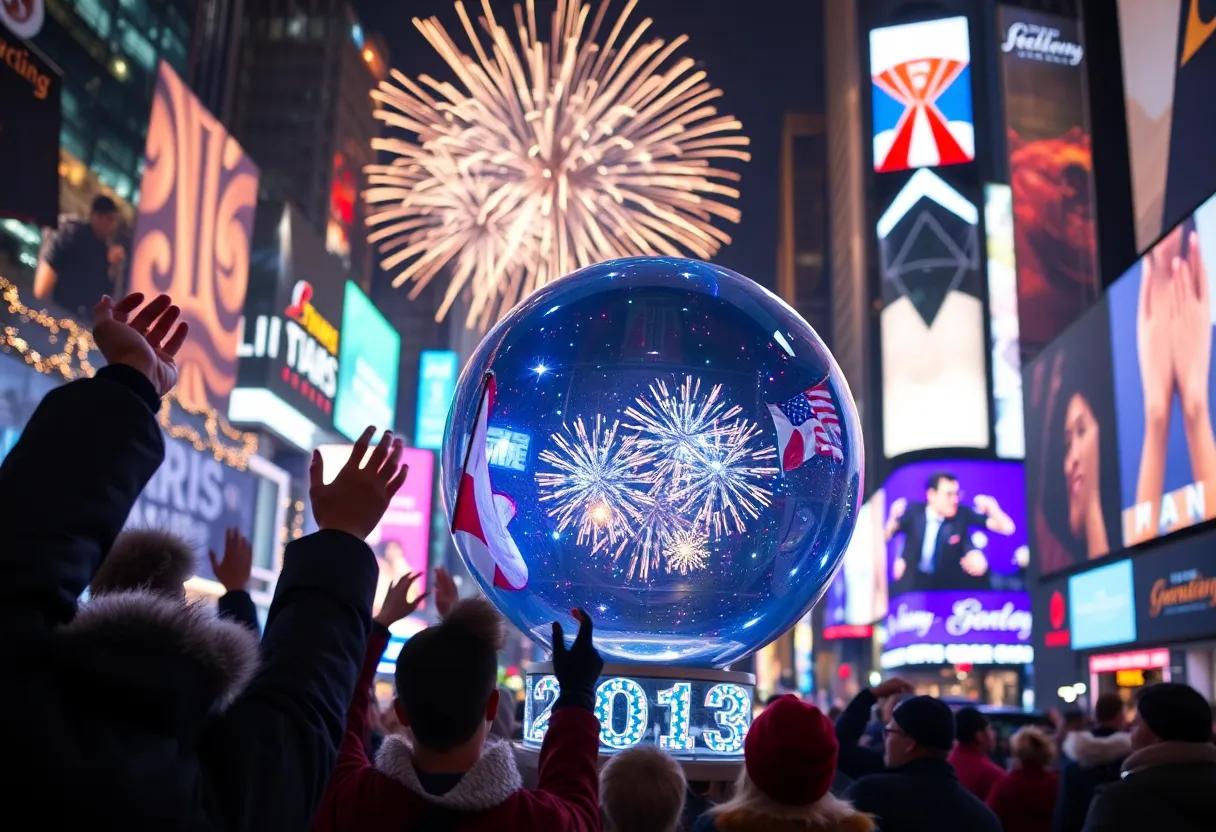 Crowd celebrating New Year in Times Square with fireworks and the large crystal ball.