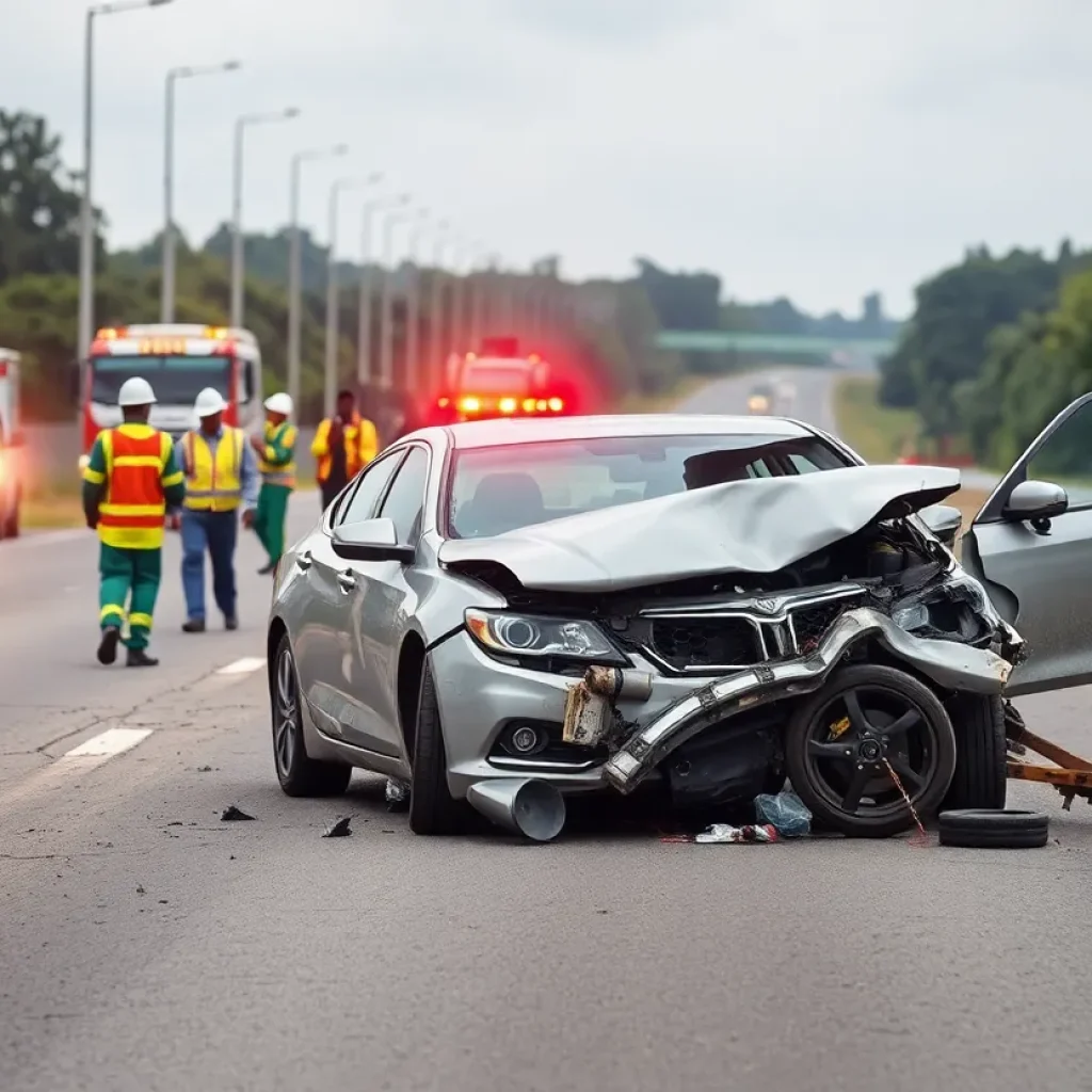 Emergency responders at the scene of a car accident on a Nigerian highway.