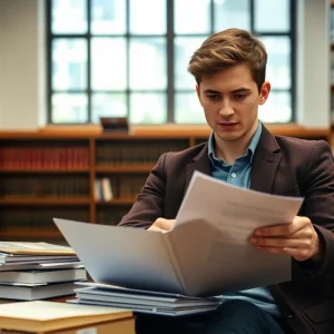 A student reflecting on a lawsuit in a university library