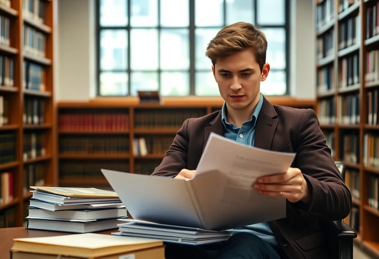 A student reflecting on a lawsuit in a university library