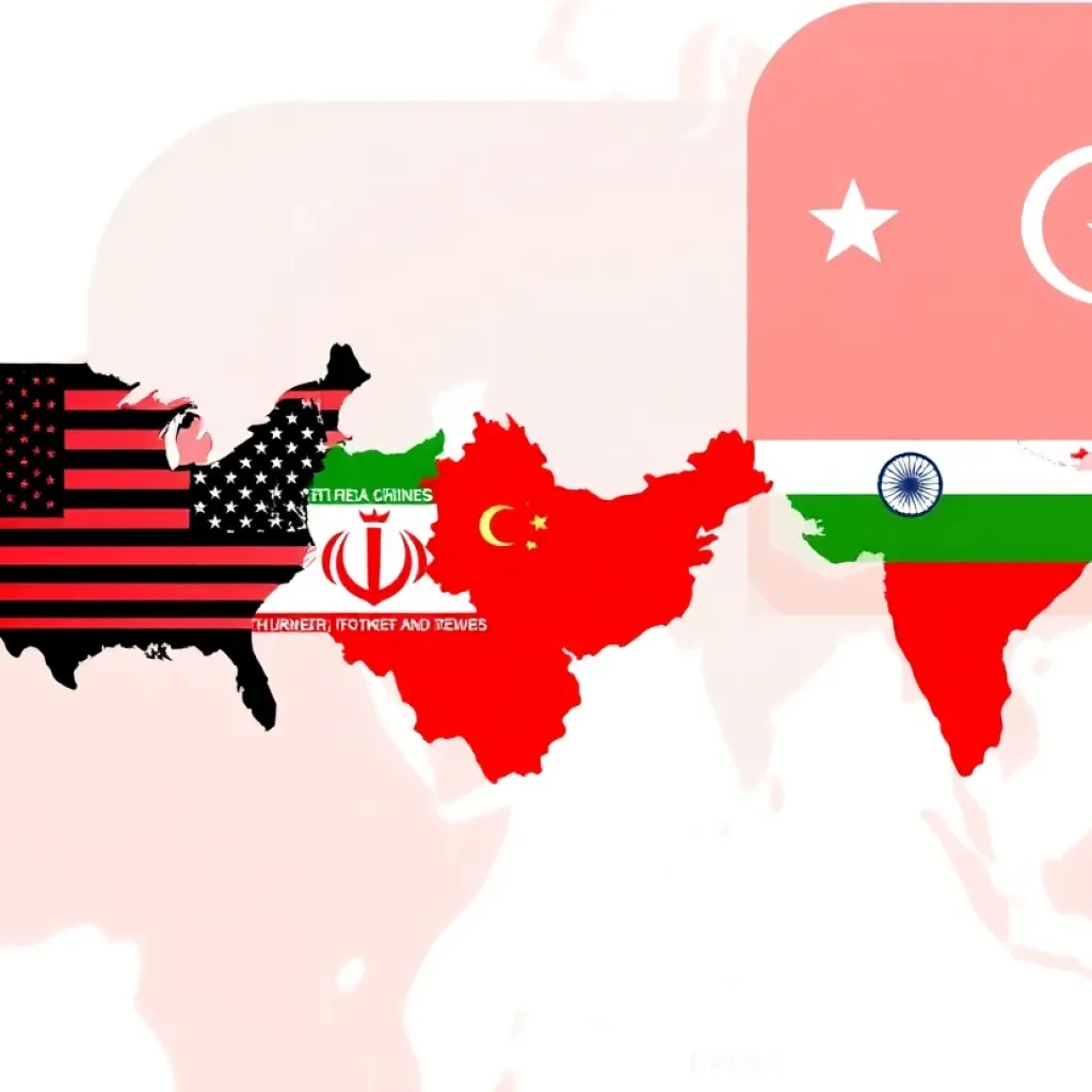 An illustrative map showing trade routes and connections between the U.S., Iran, and its trading partners.