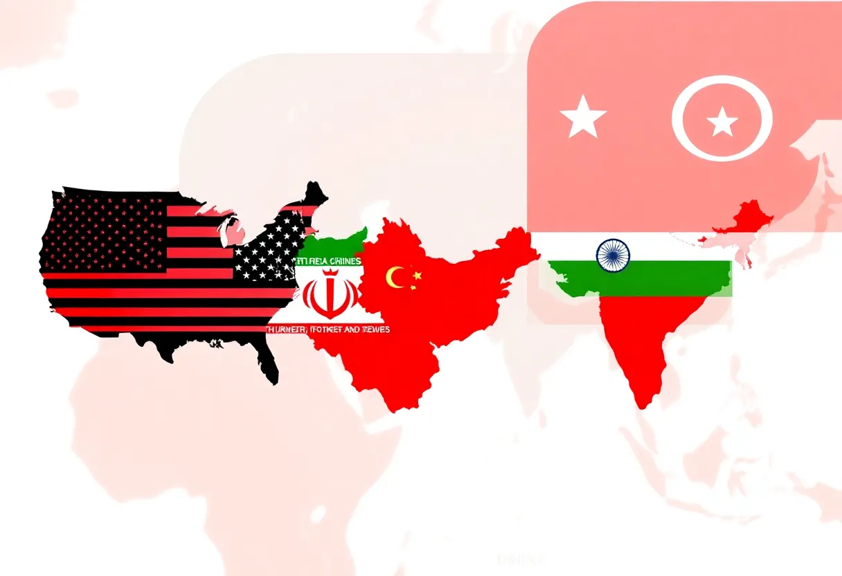 An illustrative map showing trade routes and connections between the U.S., Iran, and its trading partners.