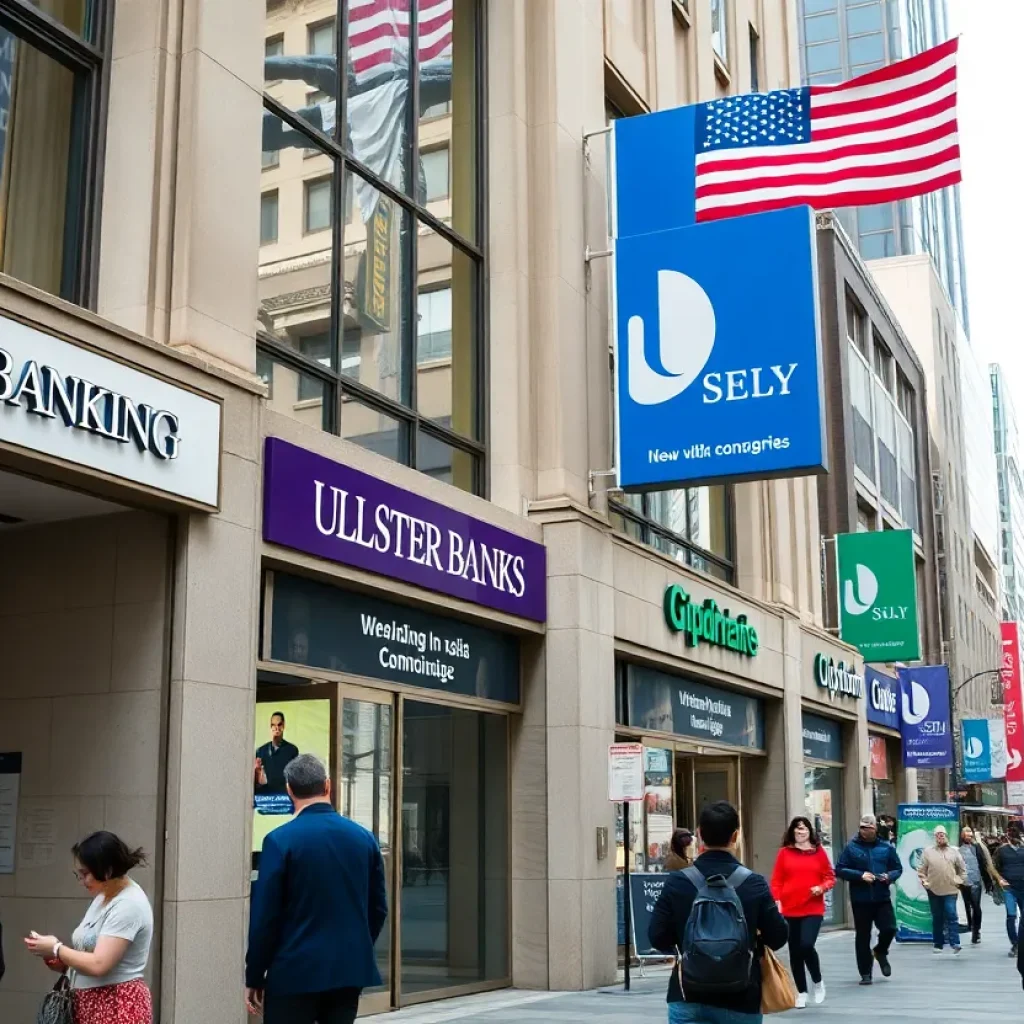 People in an urban bank environment reflecting economic activity and bank prosperity.