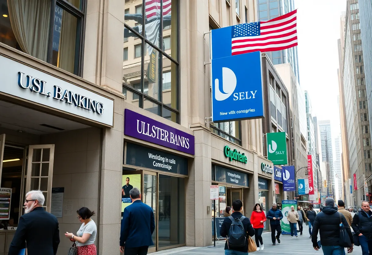 People in an urban bank environment reflecting economic activity and bank prosperity.