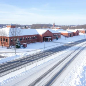 Snow-covered school building in Washtenaw County during winter weather