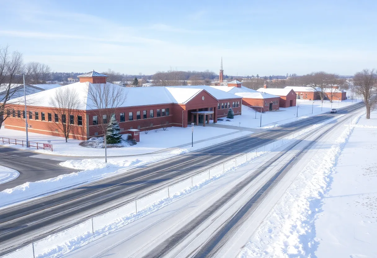 Snow-covered school building in Washtenaw County during winter weather