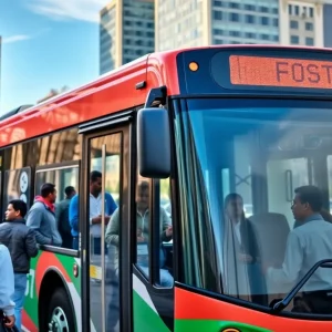Public bus with community members discussing transportation improvements
