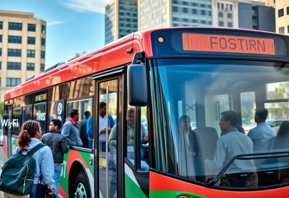 Public bus with community members discussing transportation improvements