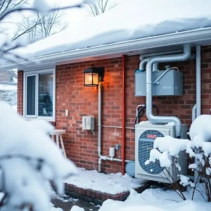 A house prepared for winter with a visible furnace and insulated pipes outside in a snowy setting