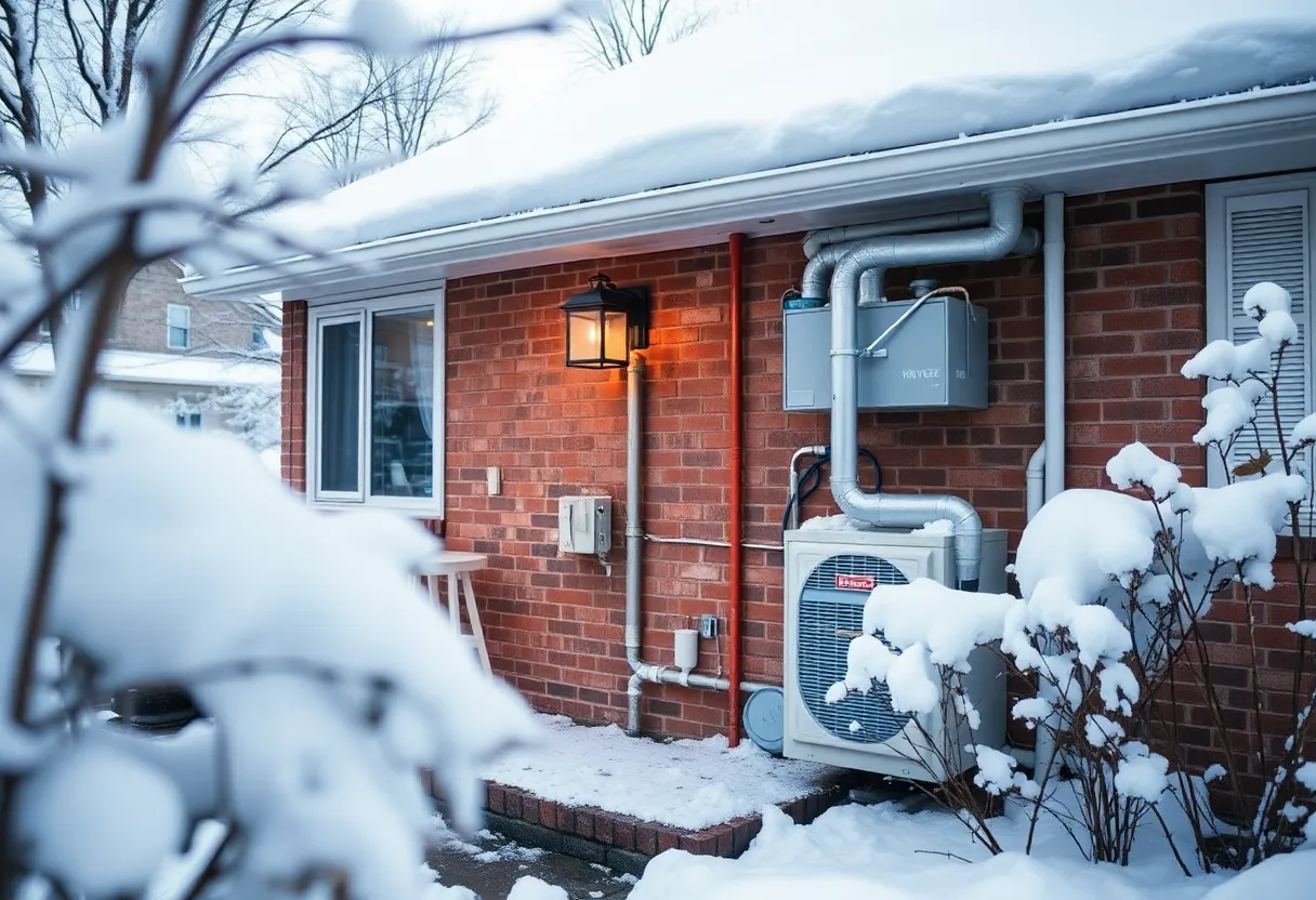 A house prepared for winter with a visible furnace and insulated pipes outside in a snowy setting