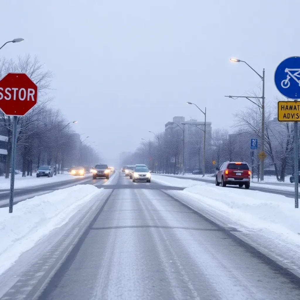 A street in Detroit covered in snow during a winter weather advisory.