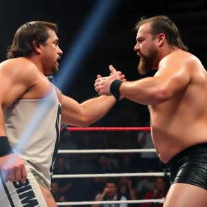 Dramatic wrestling rivalry scene with two wrestlers in a heated exchange.