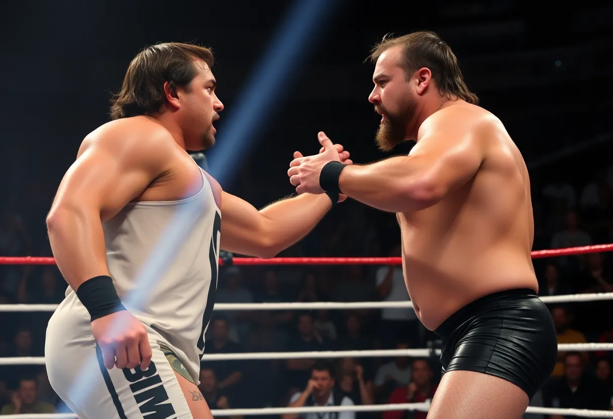 Dramatic wrestling rivalry scene with two wrestlers in a heated exchange.