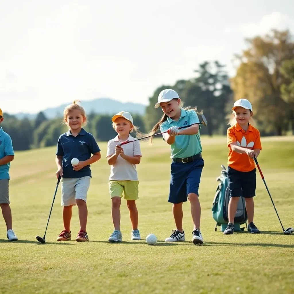 Young golfers playing on a golf course with fitted equipment.