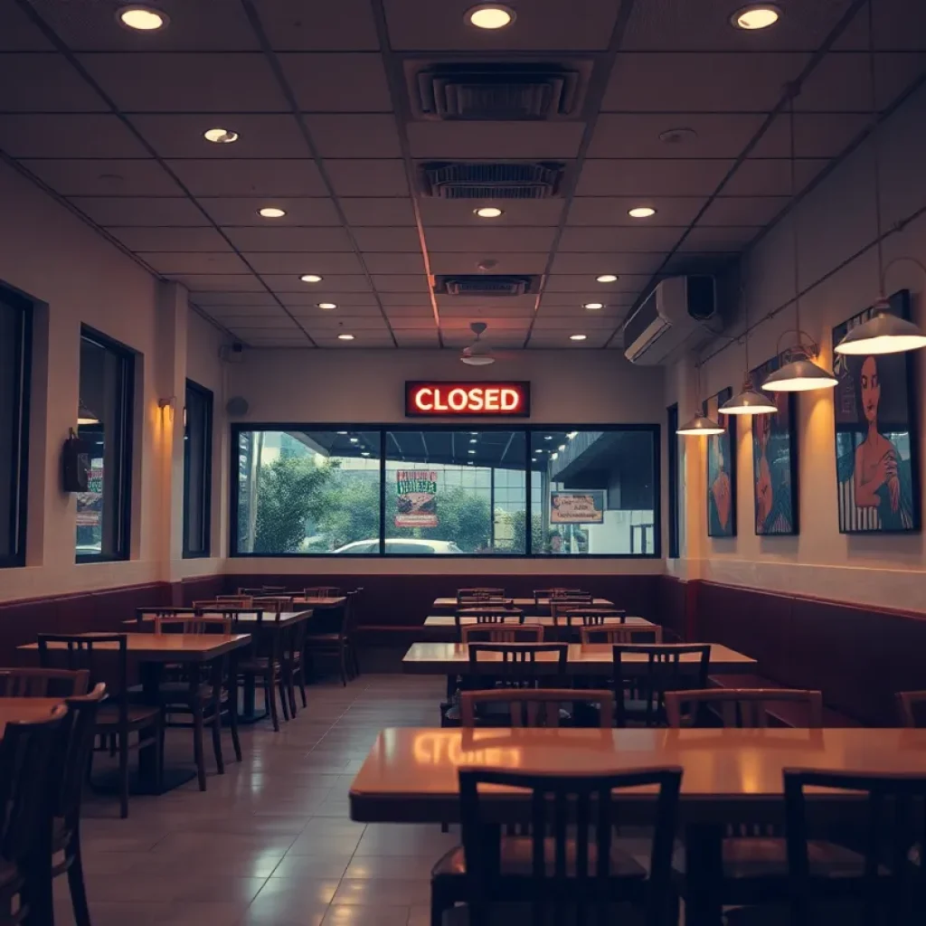 Interior view of a closed BD's Mongolian Grill restaurant
