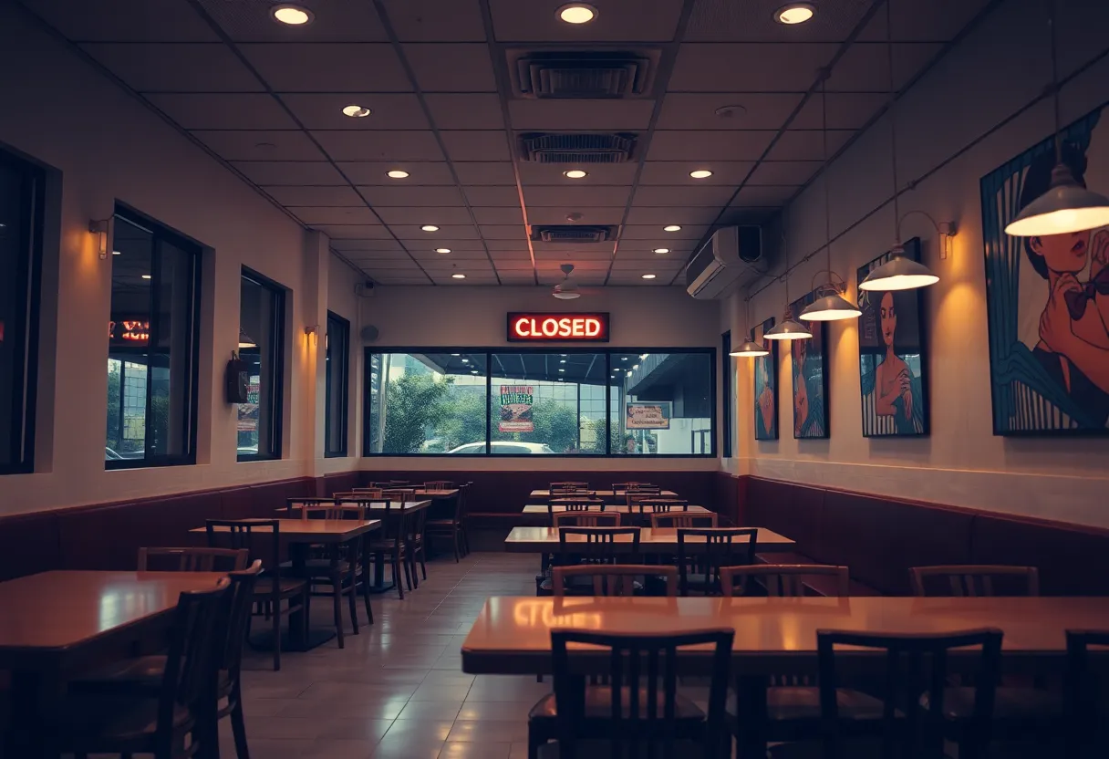Interior view of a closed BD's Mongolian Grill restaurant