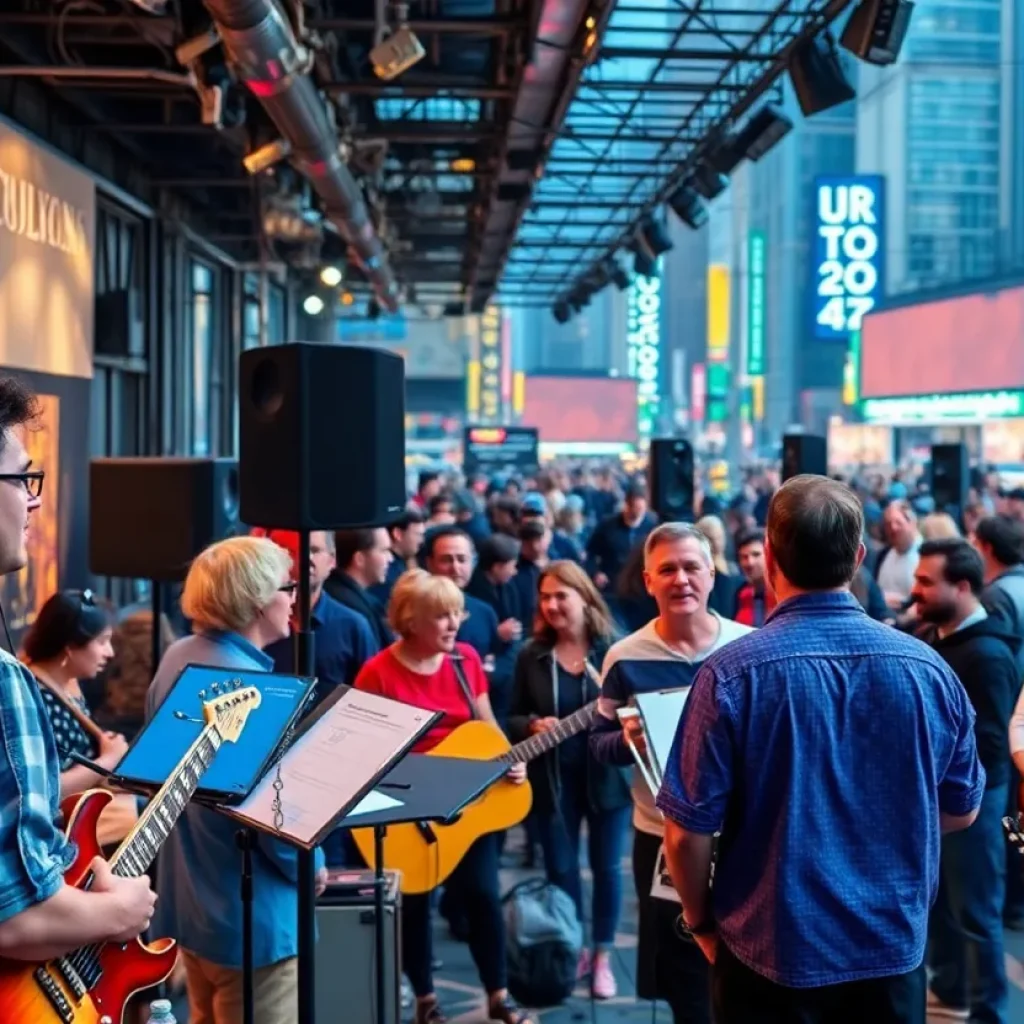 A bustling music industry scene with artists and business professionals.