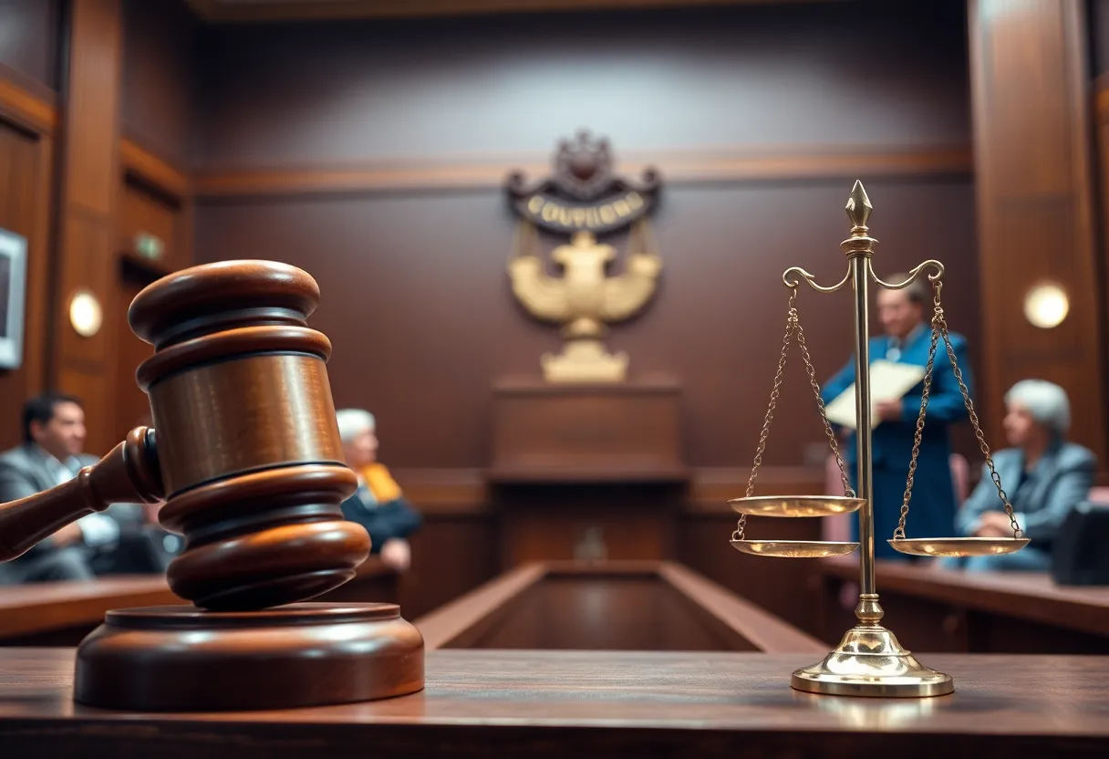 Courtroom with symbols of justice.