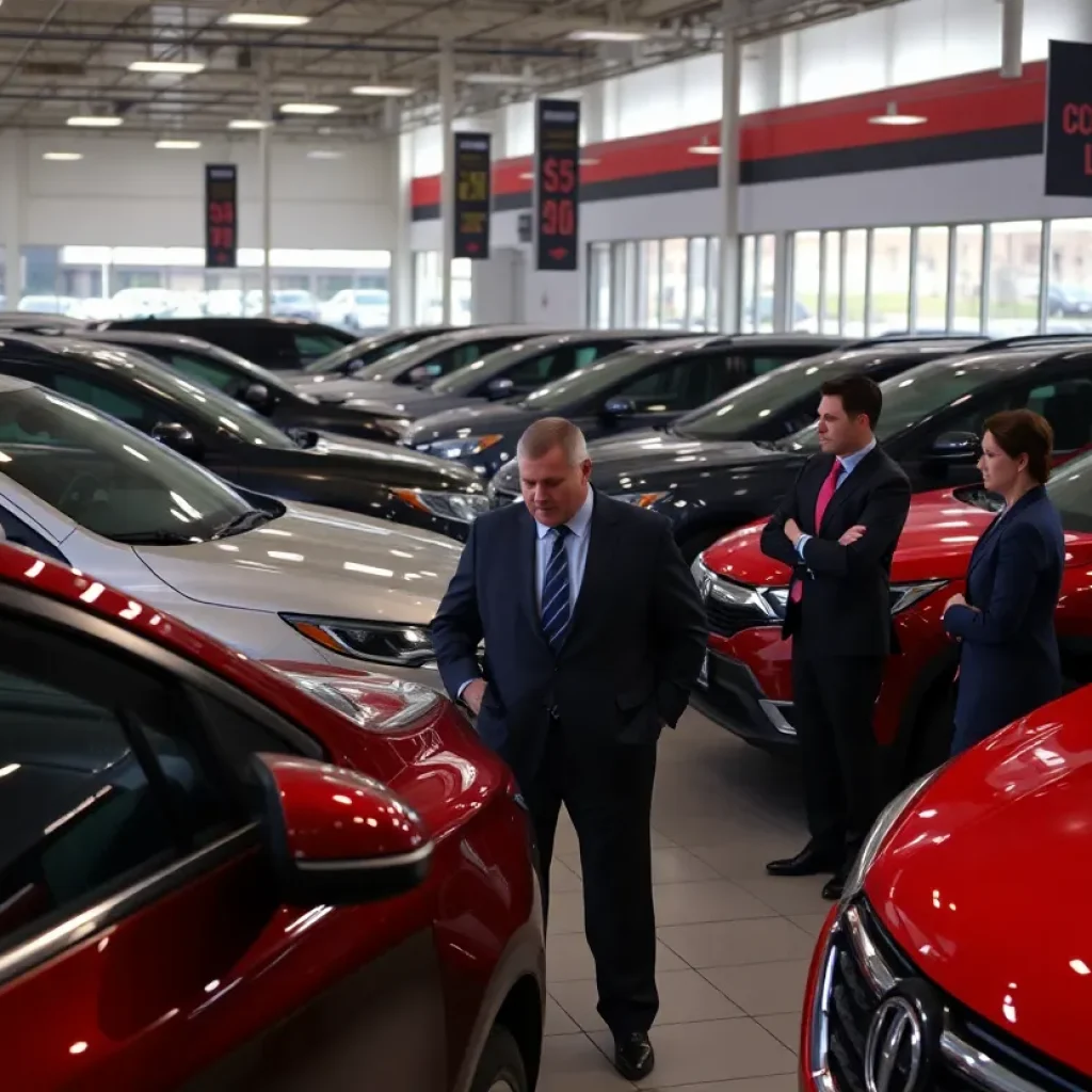 Vehicles displayed at a Detroit car dealership with sales staff engaged in discussions.