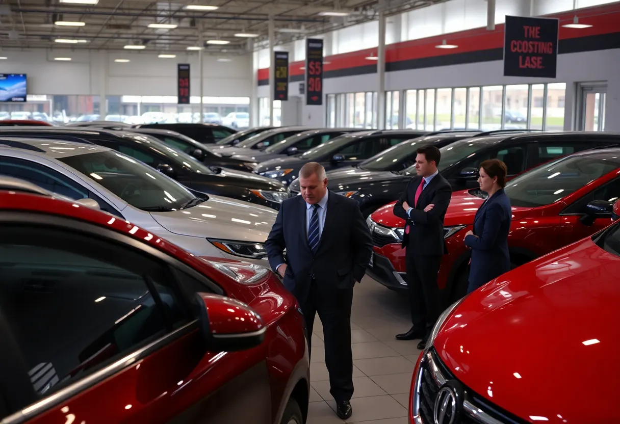 Vehicles displayed at a Detroit car dealership with sales staff engaged in discussions.