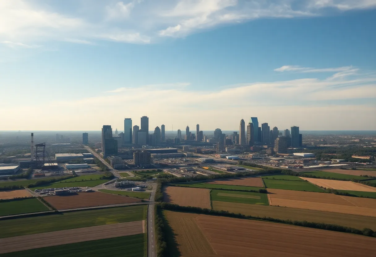 Aerial view of Detroit showing industrial and agricultural areas impacted by tariffs.