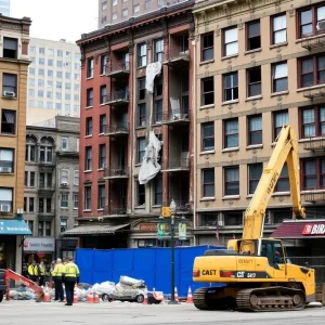 Demolition work in a Detroit neighborhood showing construction equipment and abandoned houses
