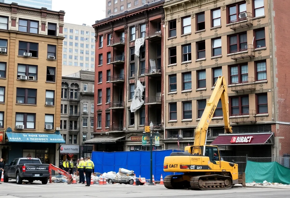 Demolition work in a Detroit neighborhood showing construction equipment and abandoned houses