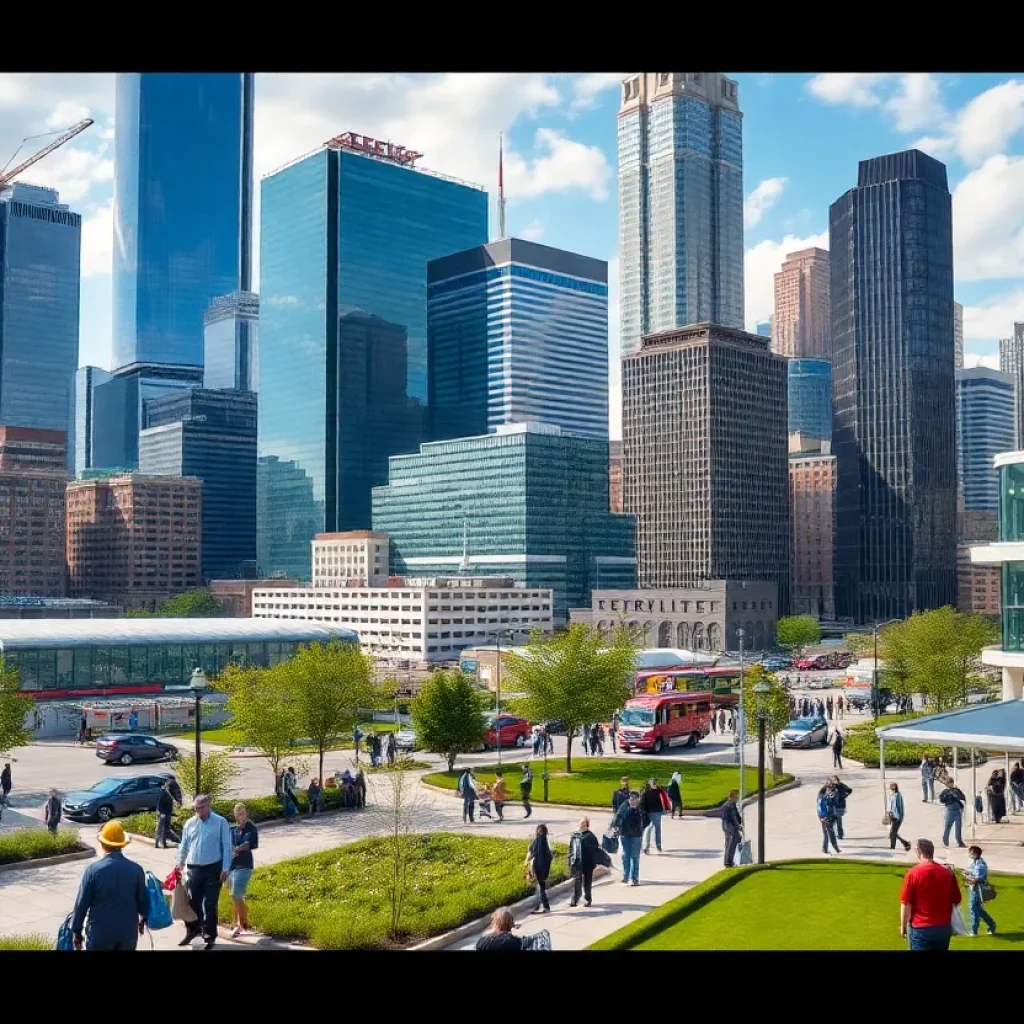 Imagery of Detroit city showcasing economic growth with diverse individuals at work and urban development.