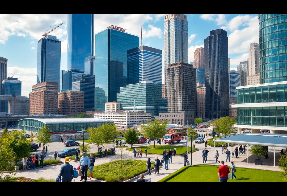 Imagery of Detroit city showcasing economic growth with diverse individuals at work and urban development.